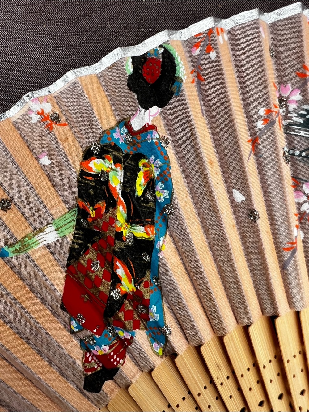 Hand-Painted Decorative Folding Fan - Multicolor Geisha Motif